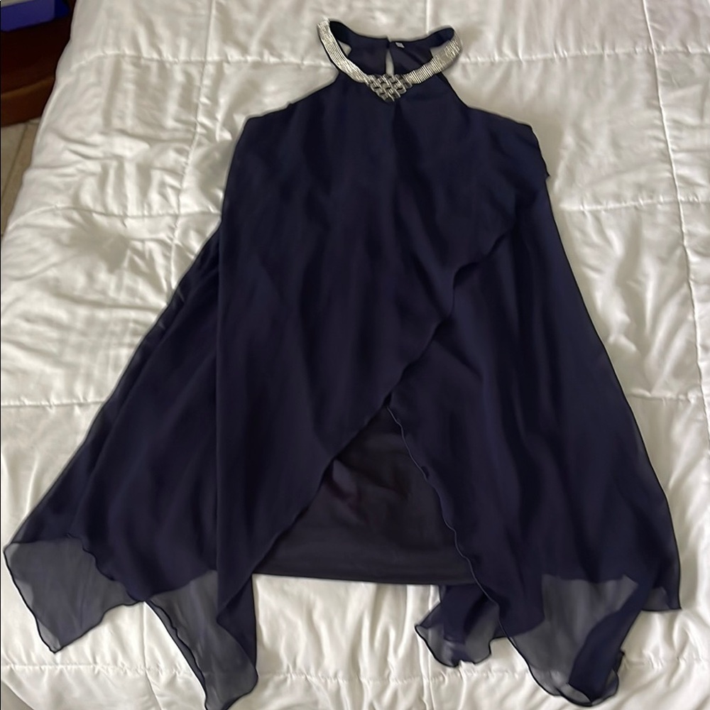 Elegant Navy Dress with Silver Embellishments